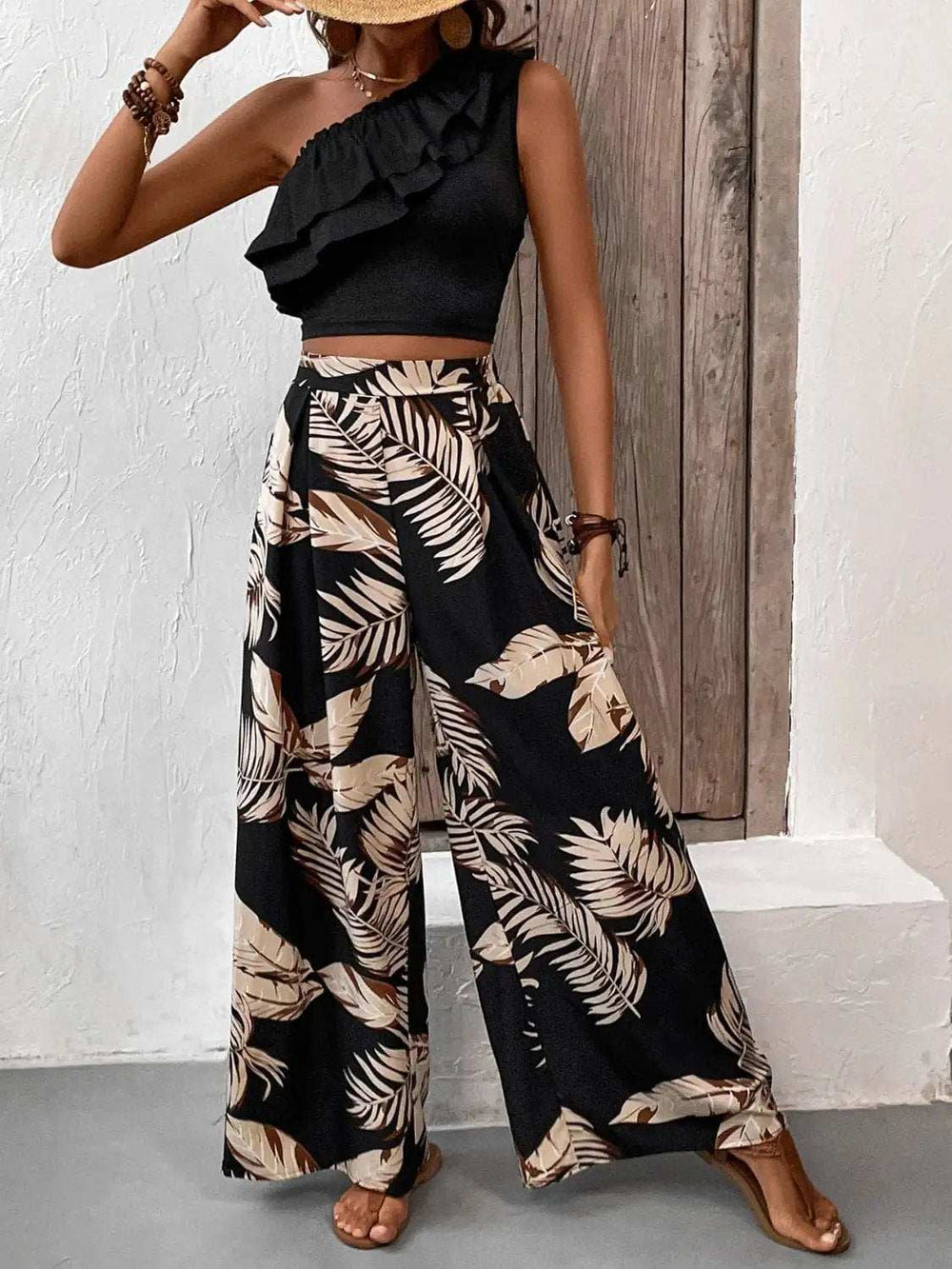 Ruffled Sleeveless Top and Printed Pants Set - Trendsi - Flyclothing LLC