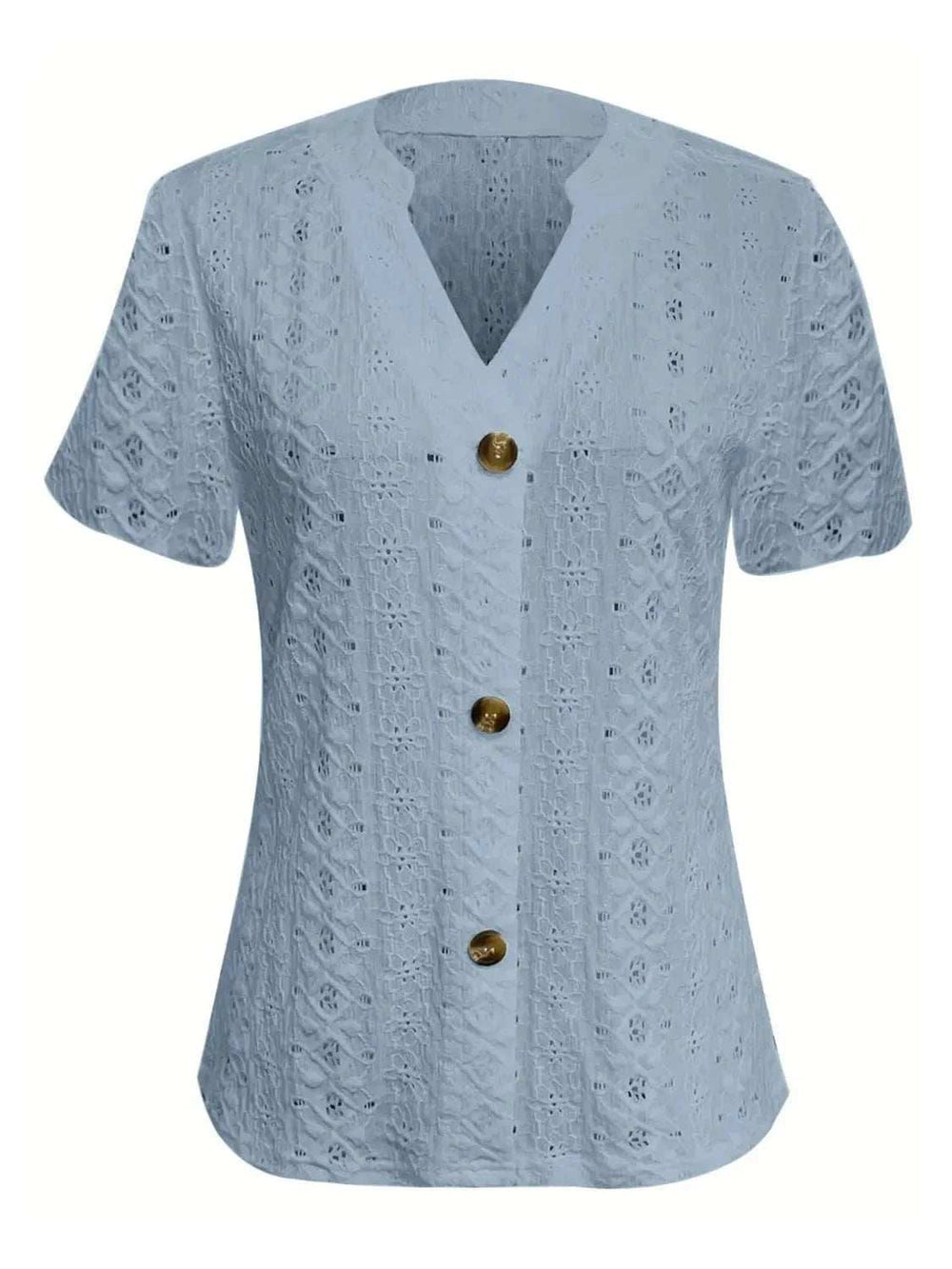 Openwork Notched Short Sleeve Top - Trendsi - Flyclothing LLC
