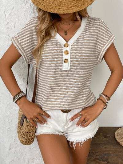 Striped V-Neck Short Sleeve T-Shirt - Trendsi - Flyclothing LLC