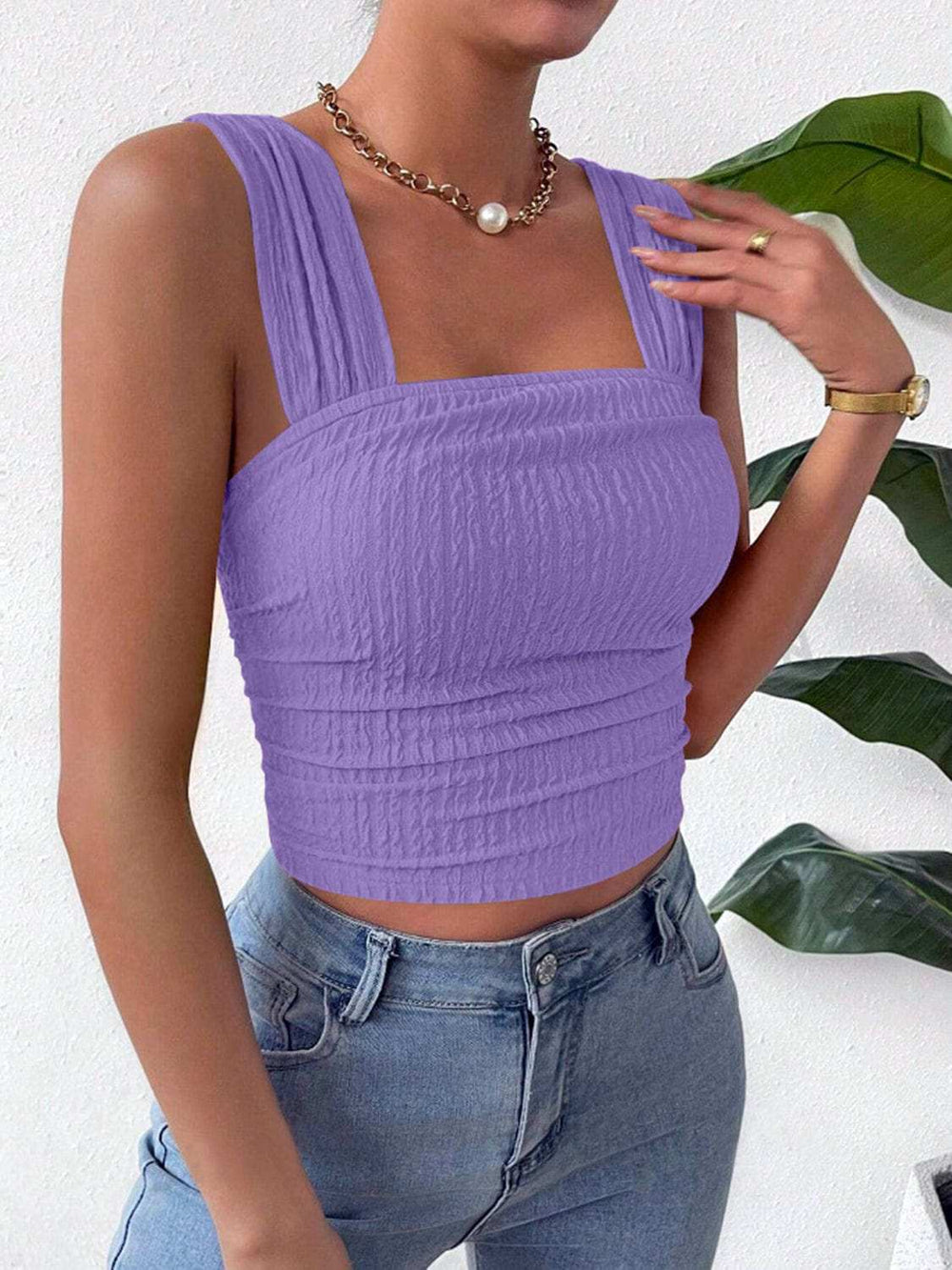 Textured Square Neck Wide Strap Tank - Trendsi - Flyclothing LLC