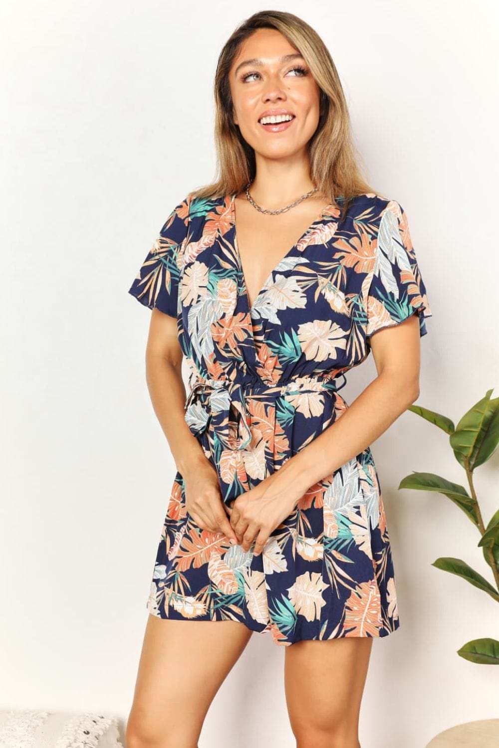 Honey Botanical Print Surplice Neck Tie Waist Romper - Trendsi - Flyclothing LLC