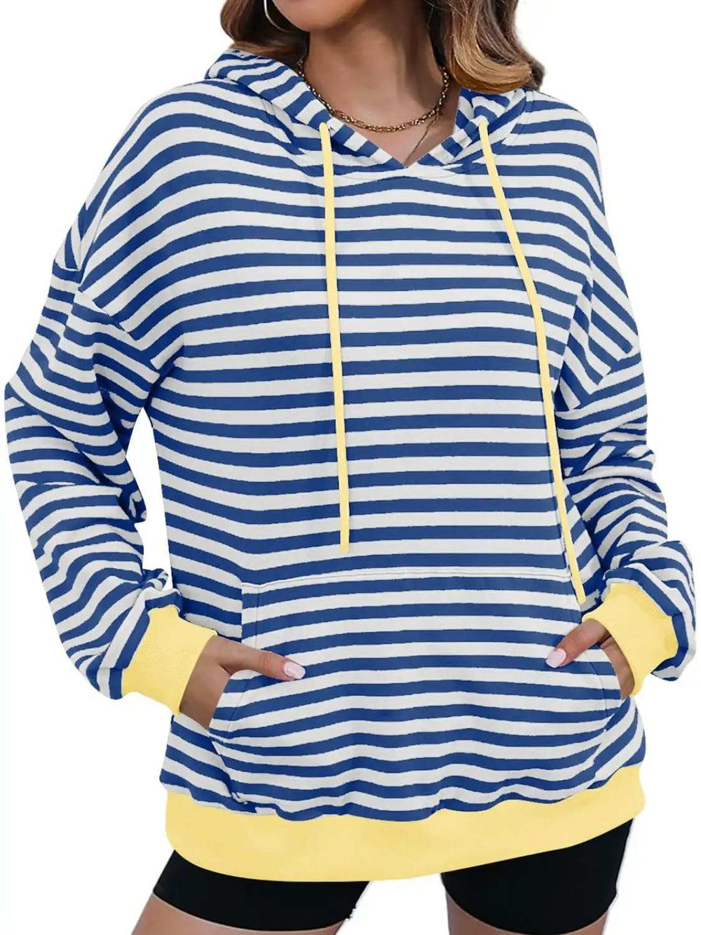 Drawstring Striped Long Sleeve Hoodie - Trendsi - Flyclothing LLC