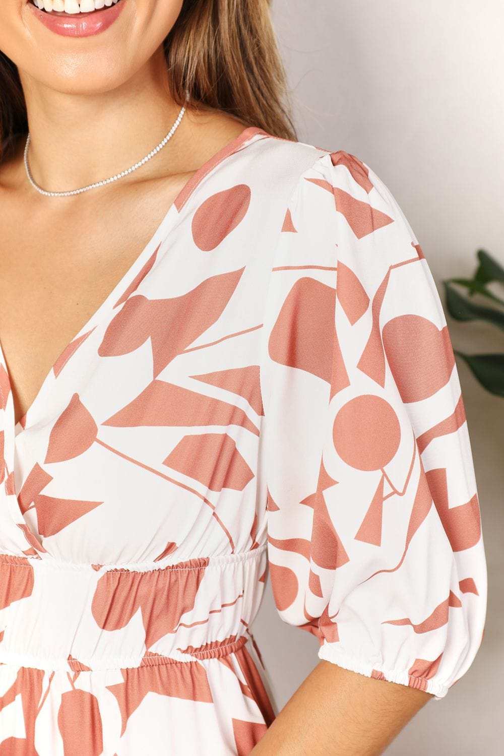 Printed Surplice Balloon Sleeve Dress - Trendsi - Flyclothing LLC