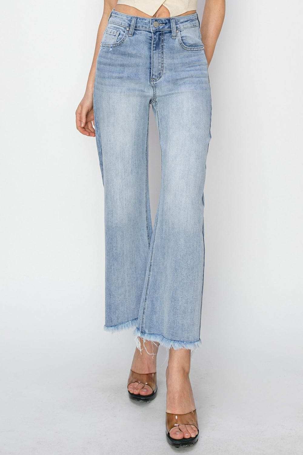 RISEN High Rise Crop Wide Fray Hem Jeans - Trendsi - Flyclothing LLC
