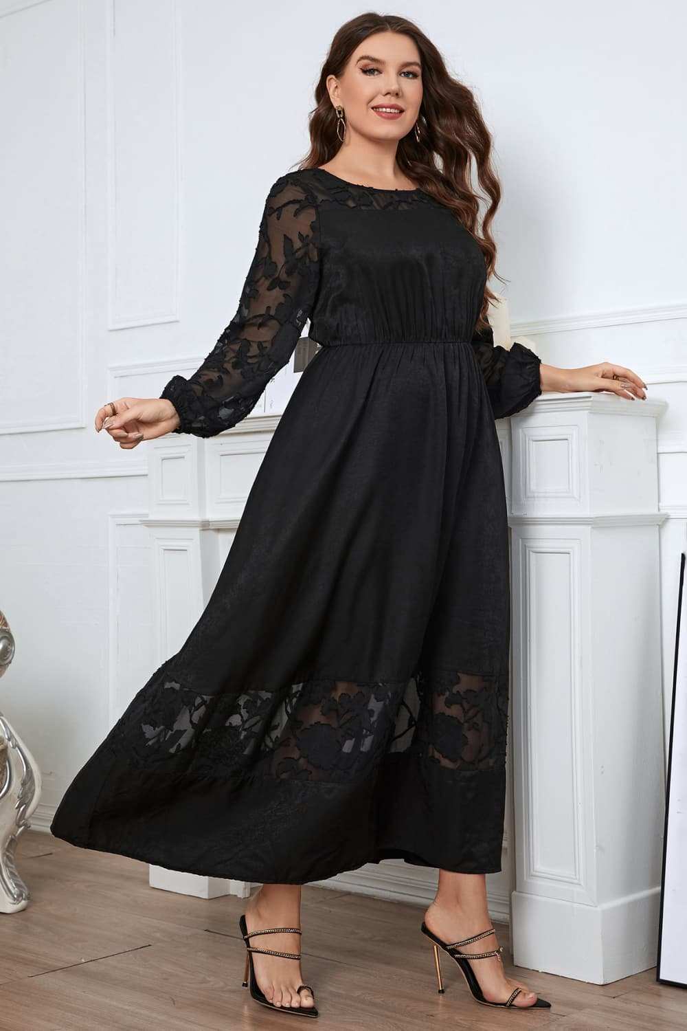 Honey Melo Apparel Plus Size Embroidery Round Neck Long Sleeve Maxi Dress - Trendsi - Flyclothing LLC