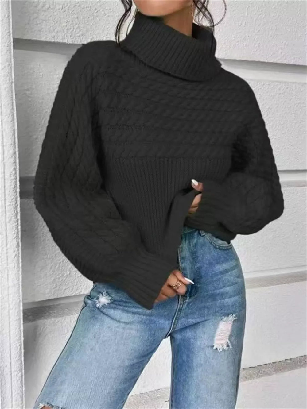 Full Size Textured Knit Turtleneck Long Sleeve Sweater Plus Size - Trendsi - Flyclothing LLC
