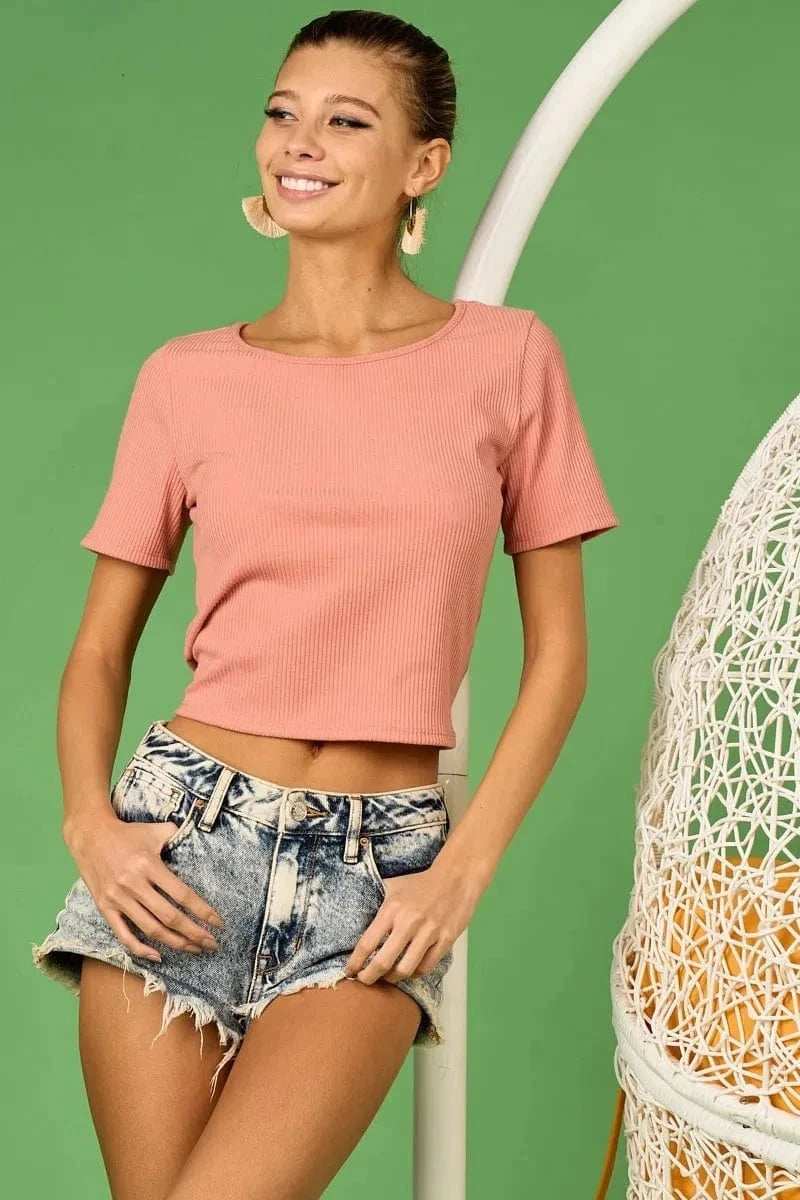BiBi Rib Knit with Back Cross and Tied Detailed Top - Trendsi - Flyclothing LLC