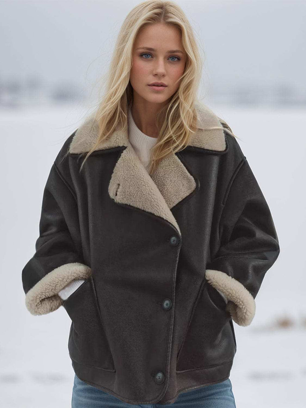 Collared Neck Long Sleeve Plush Jacket - Trendsi - Flyclothing LLC