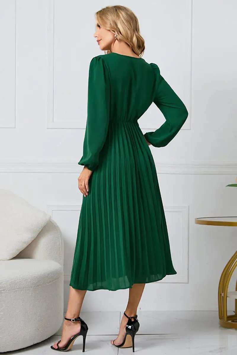 V-Neck Long Sleeve Tie Waist Midi Dress - Trendsi - Flyclothing LLC