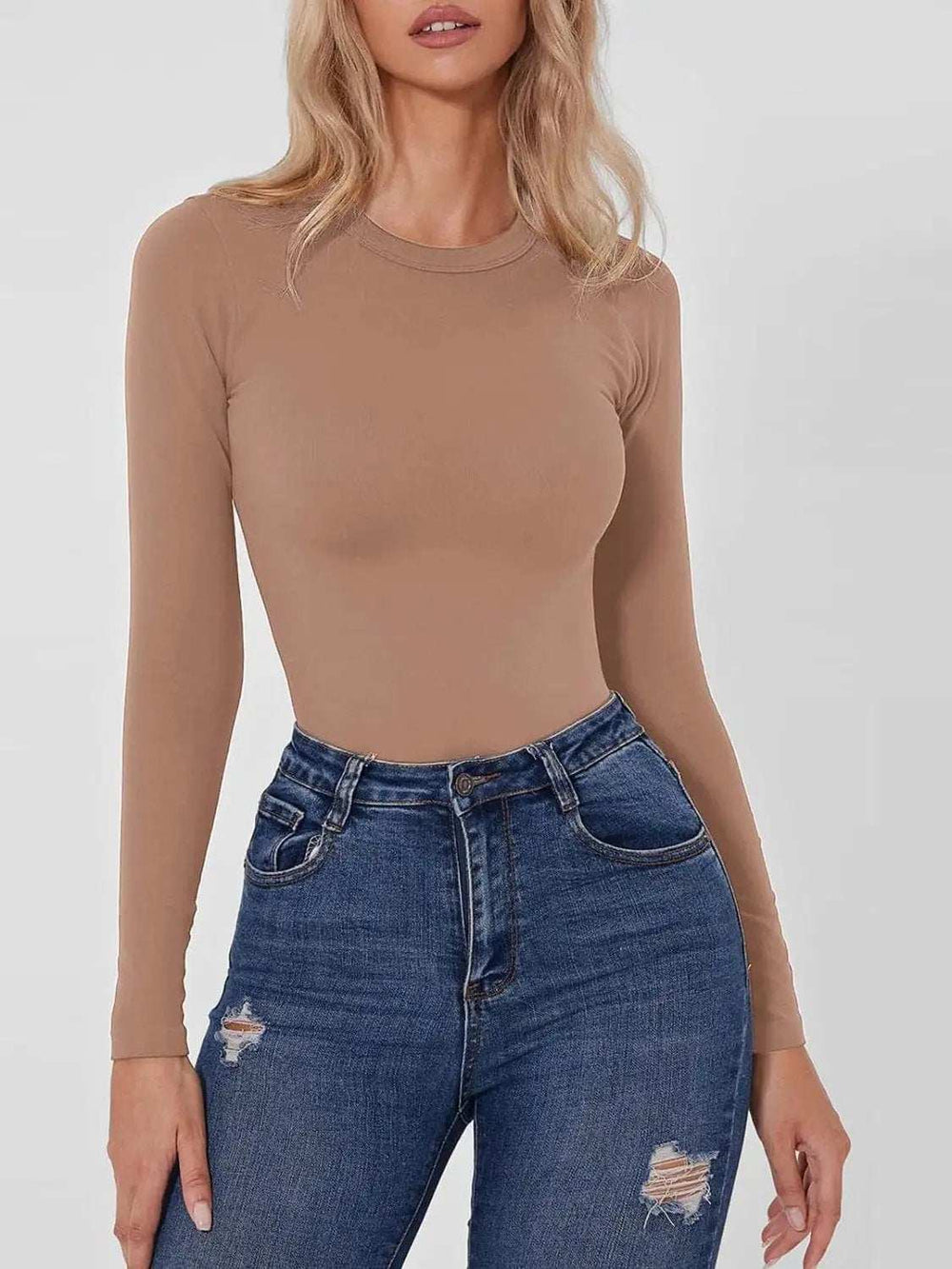 Round Neck Long Sleeve Bodysuit - Trendsi - Flyclothing LLC