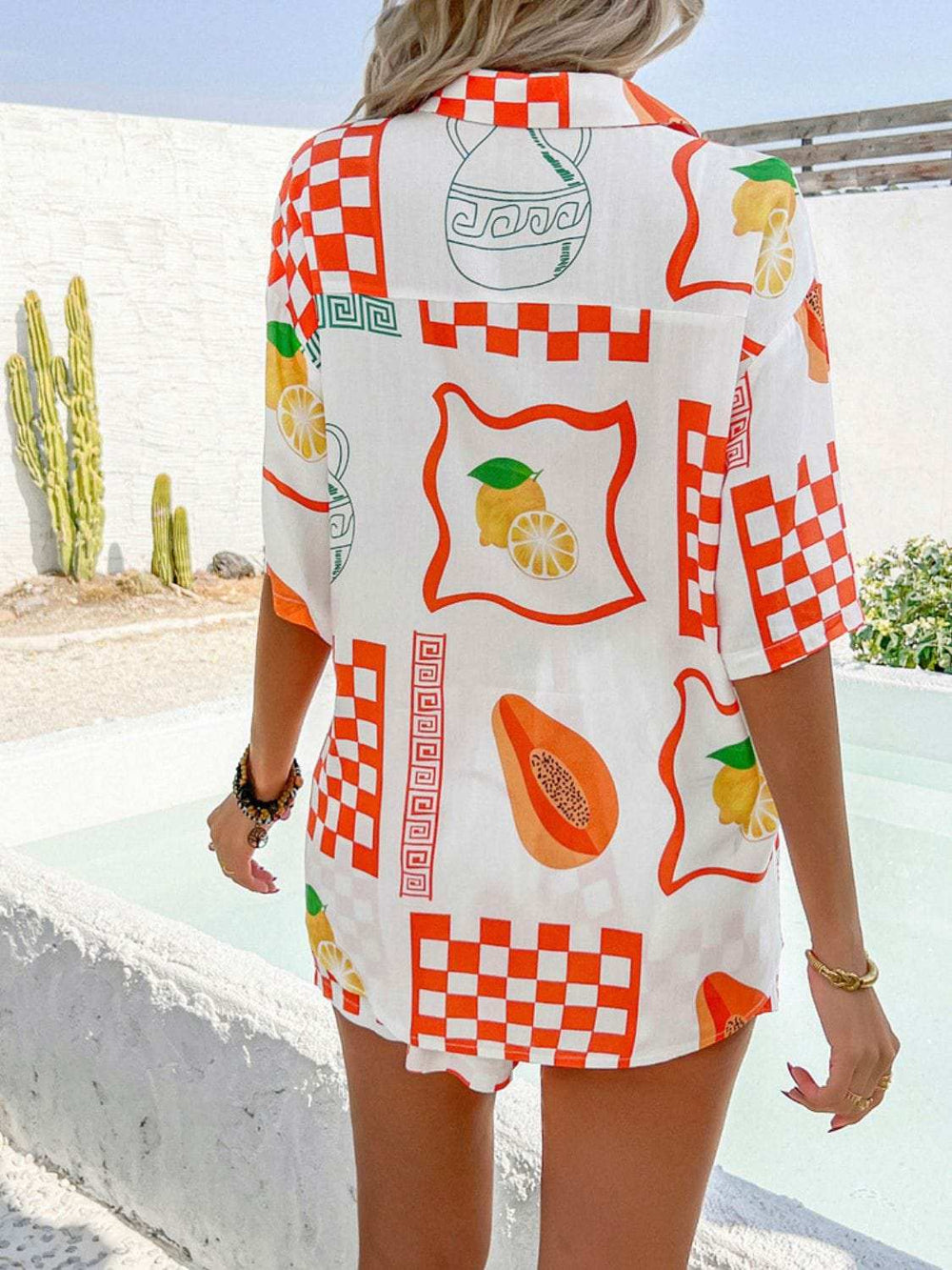 Devine Printed Collared Neck Half Sleeve Top and Shorts Set - Trendsi - Flyclothing LLC