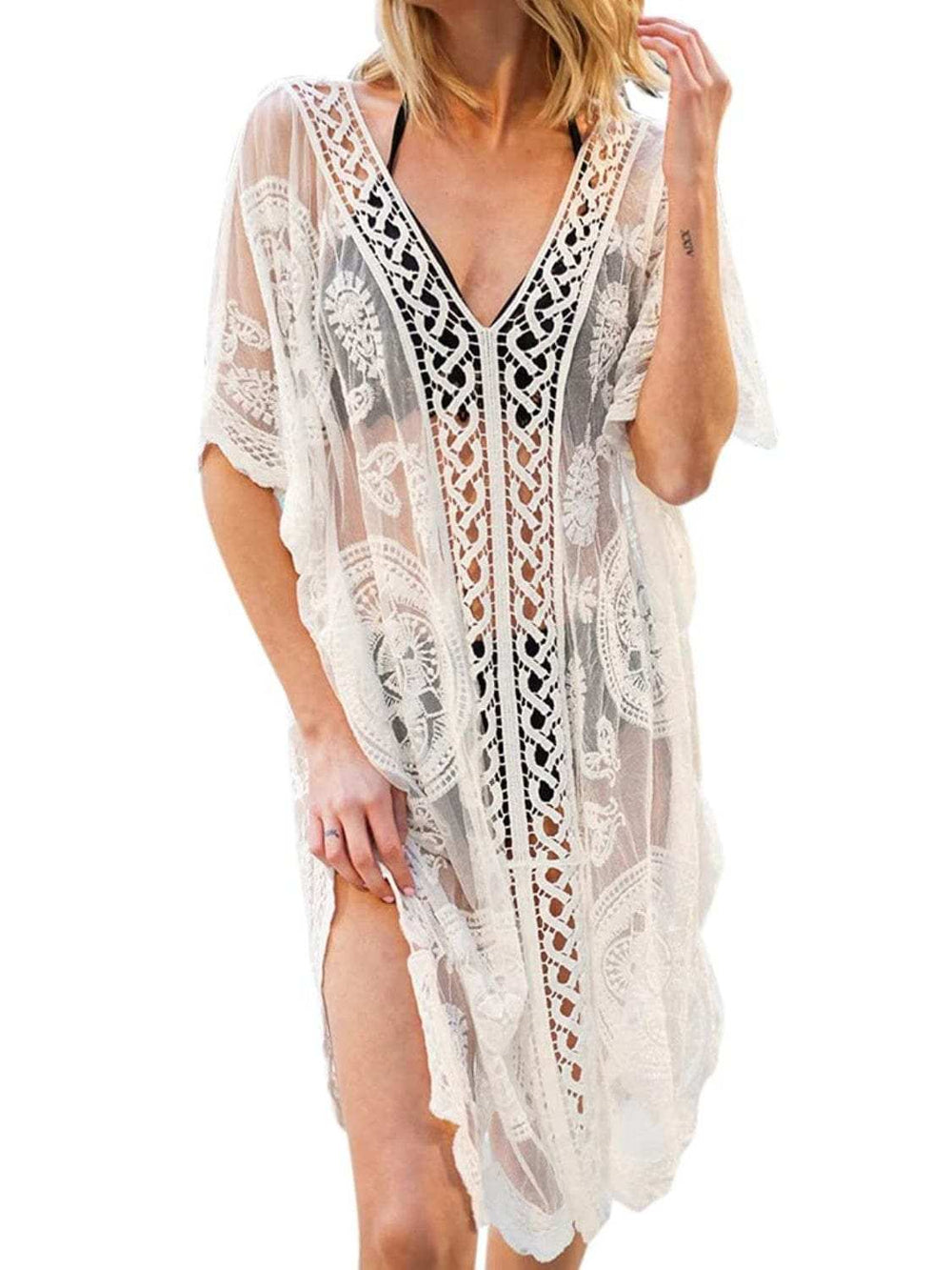 Lace V-Neck Half Sleeve Cover-Up - Trendsi - Flyclothing LLC