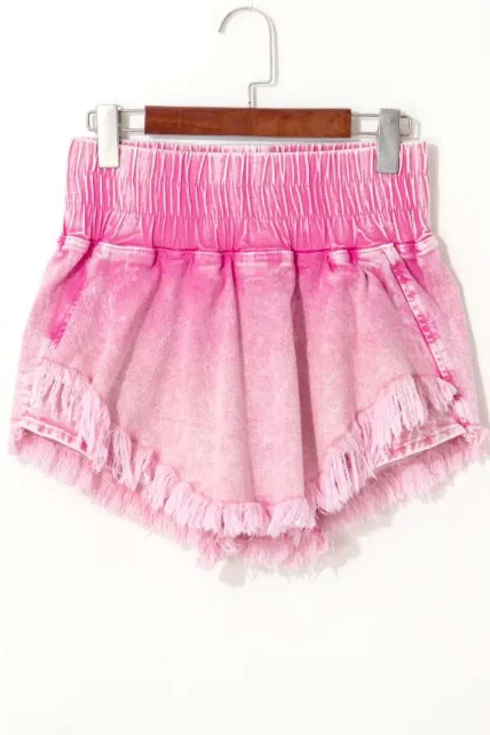 Washed Wide Smocked Waistband Frayed Denim Shorts - Trendsi - Flyclothing LLC