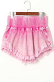 Washed Wide Smocked Waistband Frayed Denim Shorts - Trendsi - Flyclothing LLC