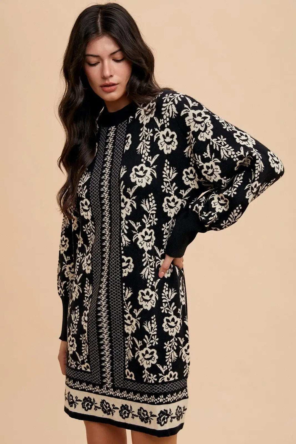 Annie Wear Floral Jacquard Round Neck Sweater Dress - Trendsi - Flyclothing LLC