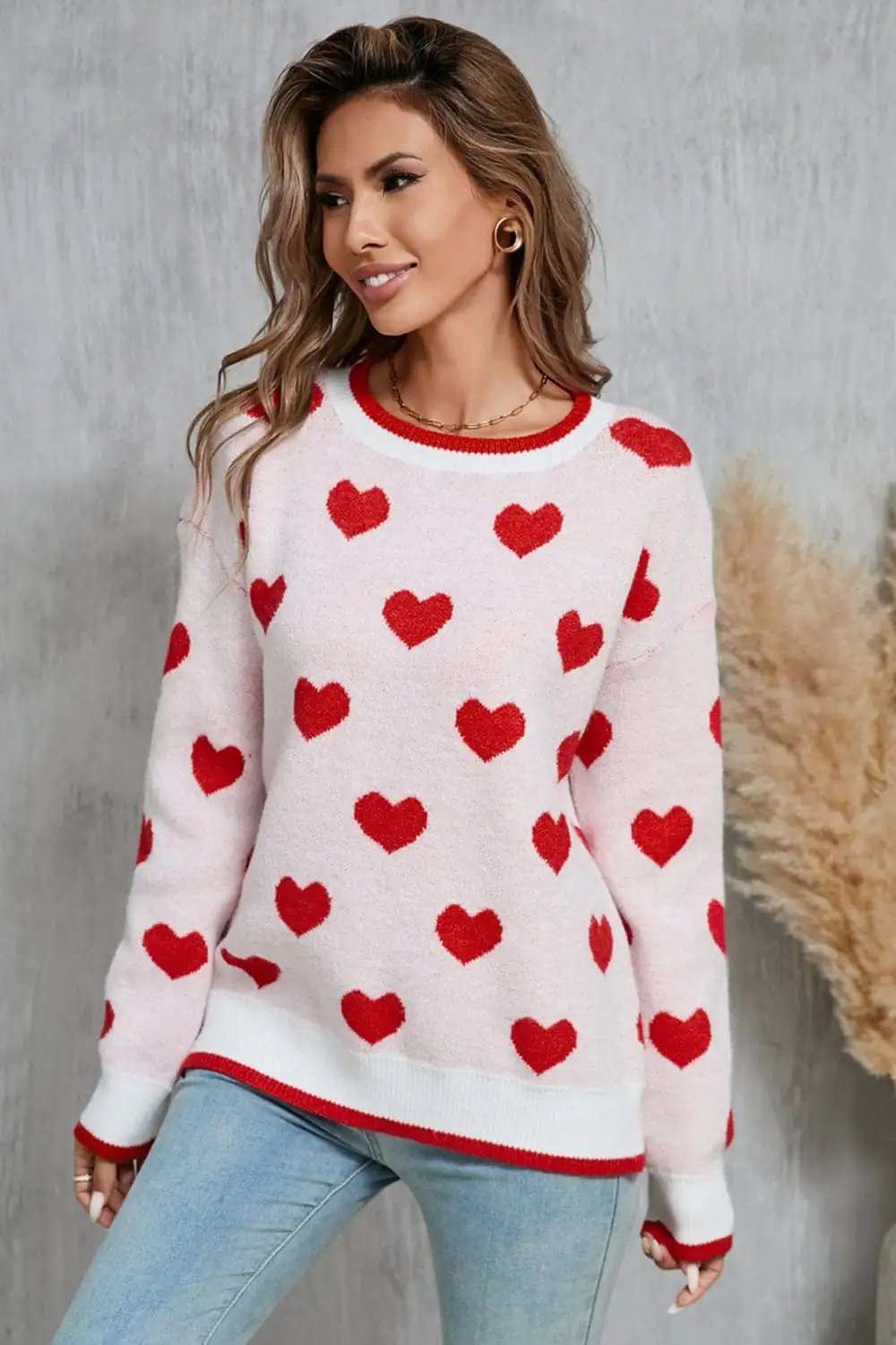 Angel Wings Contrast Trim Heart Round Neck Sweater - Trendsi - Flyclothing LLC