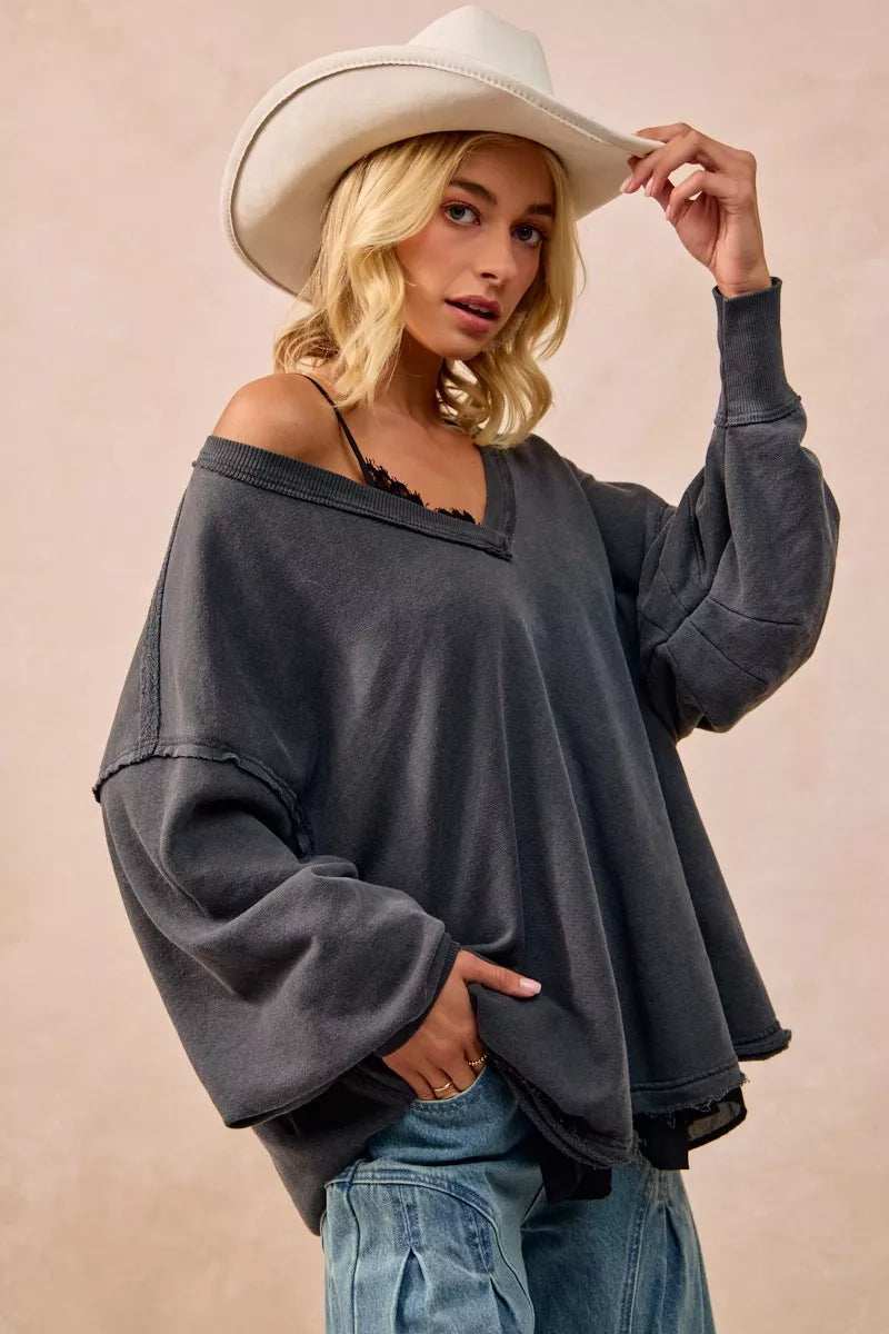 BiBi Mineral Washed French Terry Oversized Sweatshirt - Trendsi - Flyclothing LLC