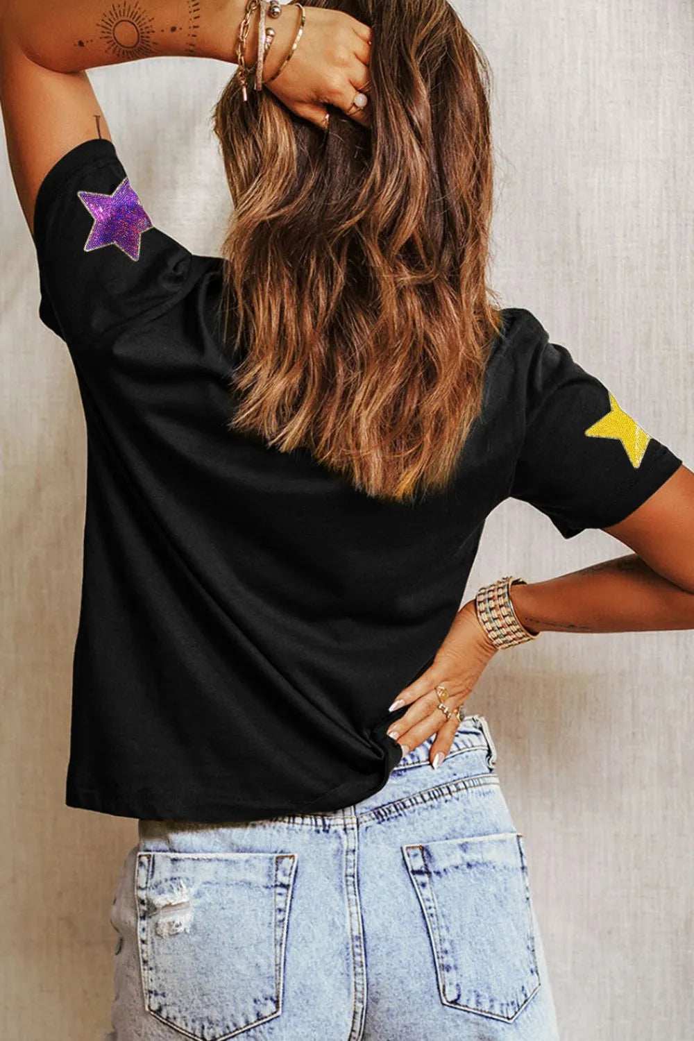 Sequin Stars Patched Round Neck T-Shirt - Trendsi - Flyclothing LLC