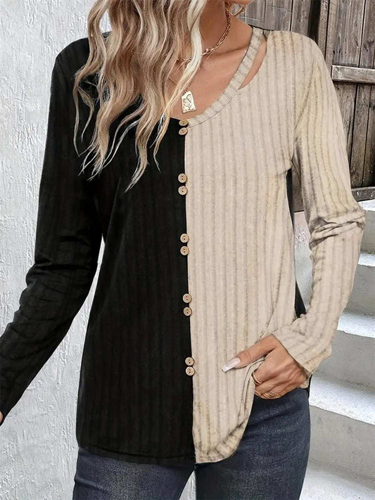 Decorative Button Contrast Round Neck Long Sleeve T-Shirt - Trendsi - Flyclothing LLC