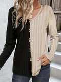 Decorative Button Contrast Round Neck Long Sleeve T-Shirt - Trendsi - Flyclothing LLC