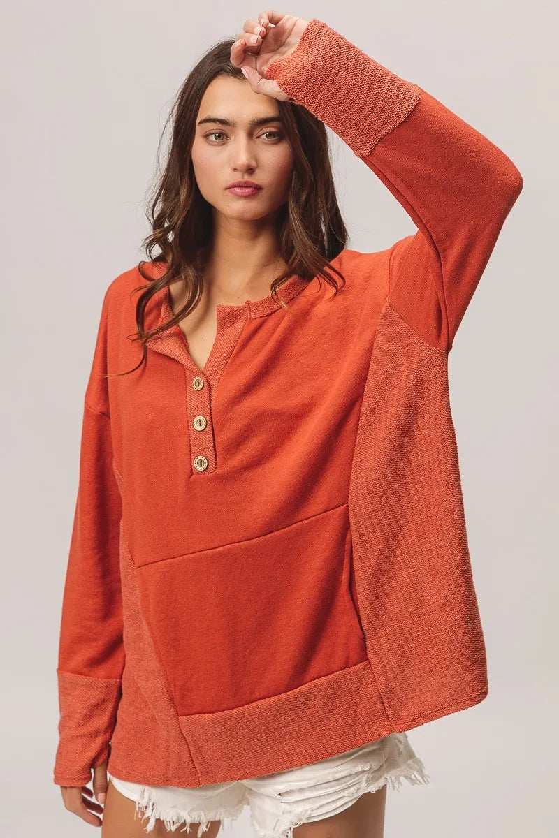 BiBi French Terry Knit Side Block Buttoned Henley Top - Trendsi - Flyclothing LLC