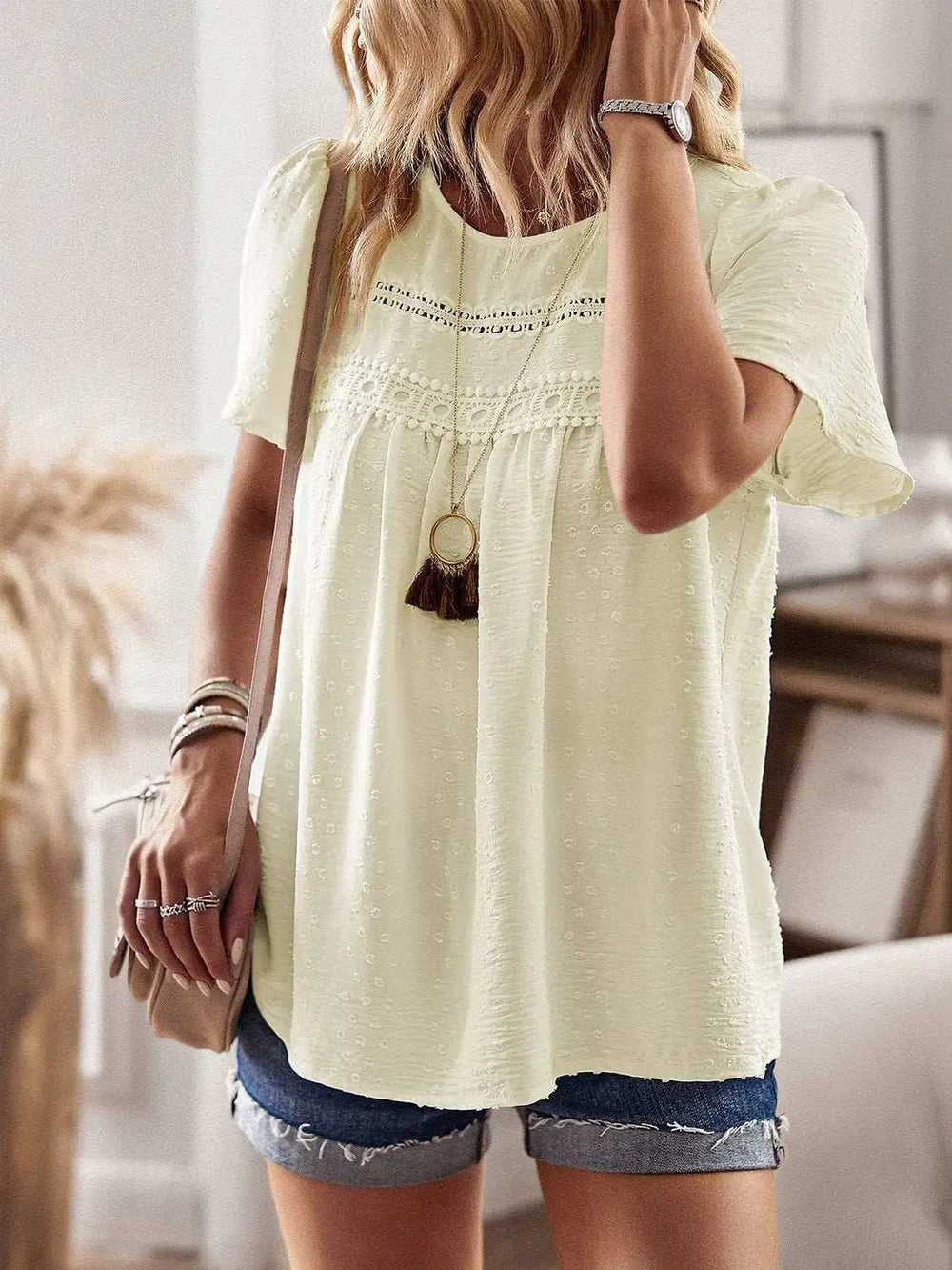 Lace Detail Round Neck Short Sleeve Blouse - Trendsi - Flyclothing LLC
