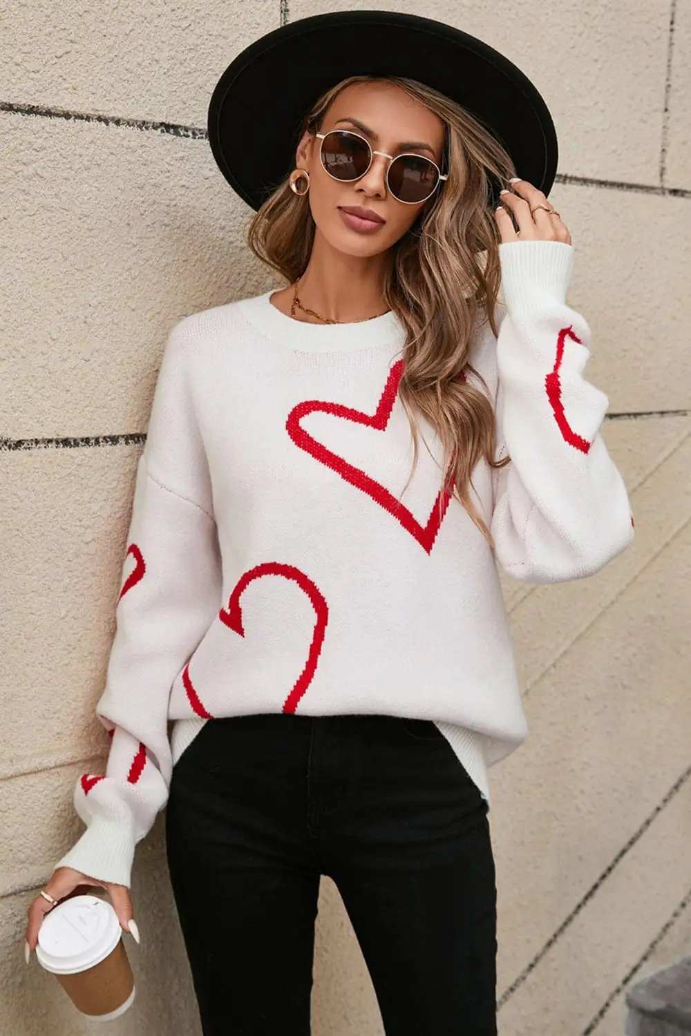 Angel Wings Heart Dropped Shoulder Long Sleeve Sweater - Trendsi - Flyclothing LLC
