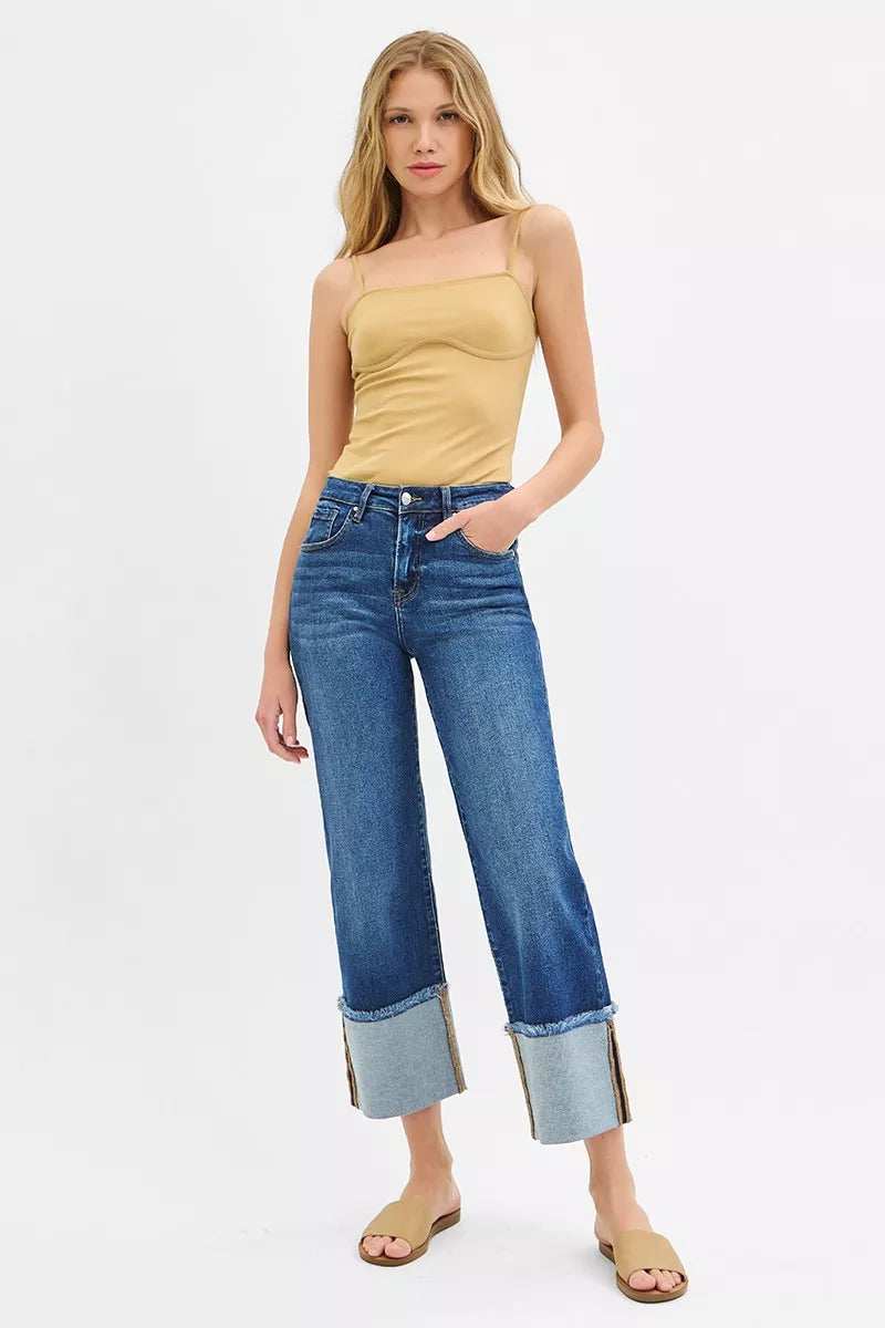 RISEN Full Size Mid Rise Crop Wide Wide Cuffed Jeans Plus Size - Trendsi - Flyclothing LLC