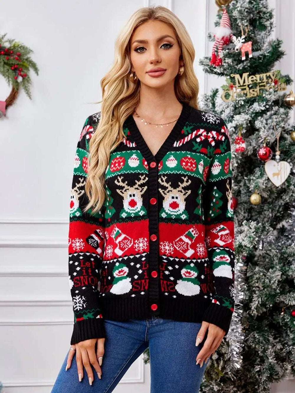 Reindeer Button Up Long Sleeve Cardigan - Trendsi - Flyclothing LLC