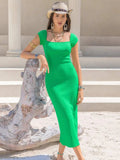 Square Neck Cap Sleeve Midi Dress - Trendsi - Flyclothing LLC