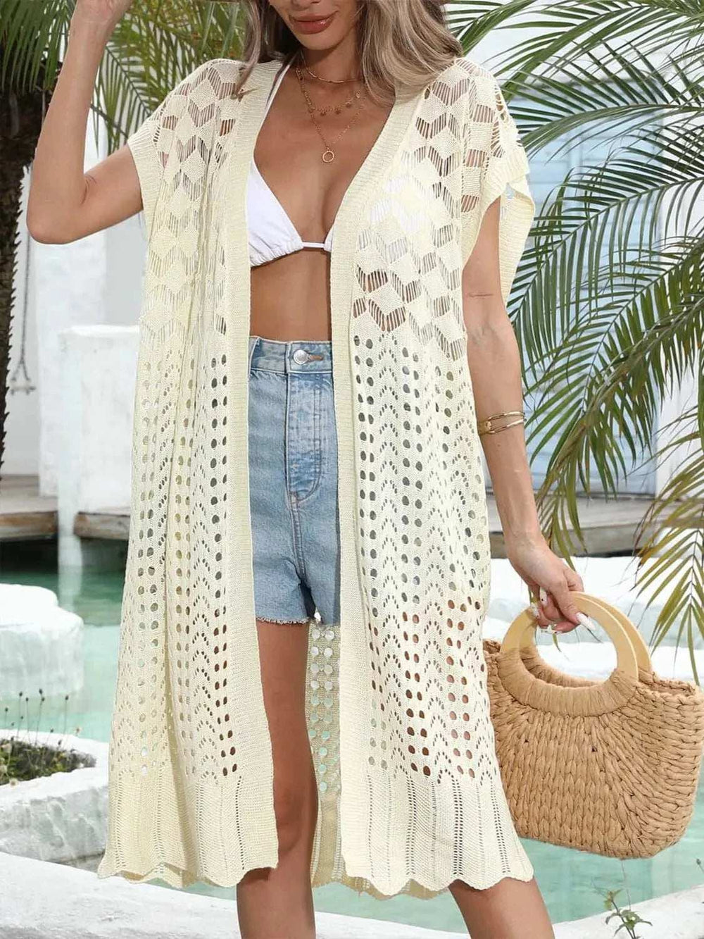 Open Front Short Sleeve Openwork Cover-Up - Trendsi - Flyclothing LLC