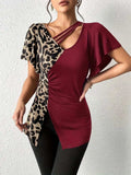 Ruched Leopard Flutter Sleeve T-Shirt - Trendsi - Flyclothing LLC