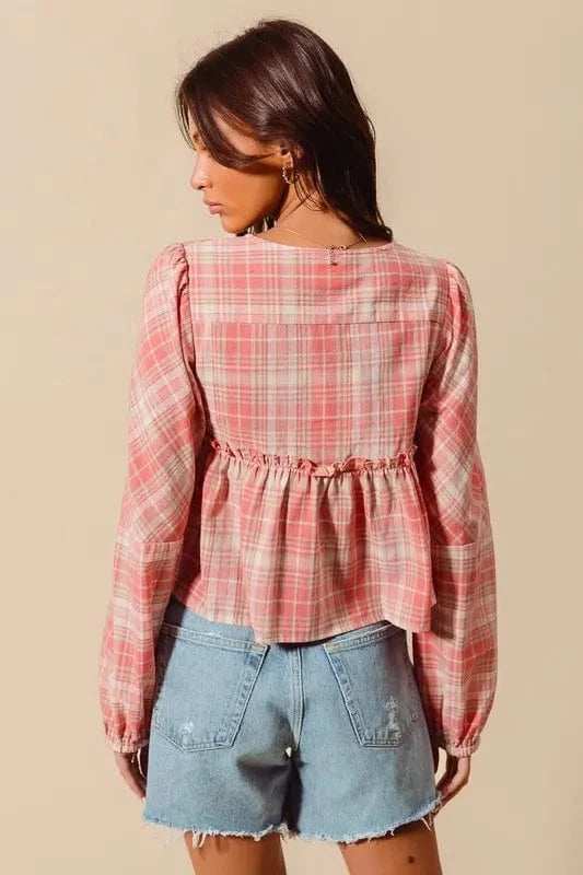 SO ME Front Tie Checkered Plaid Blouse - Trendsi - Flyclothing LLC