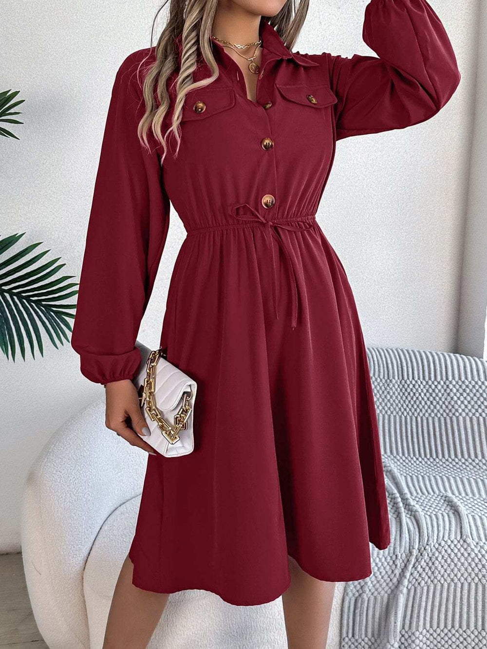 Collared Neck Long Sleeve Dress with Pockets - Trendsi - Flyclothing LLC