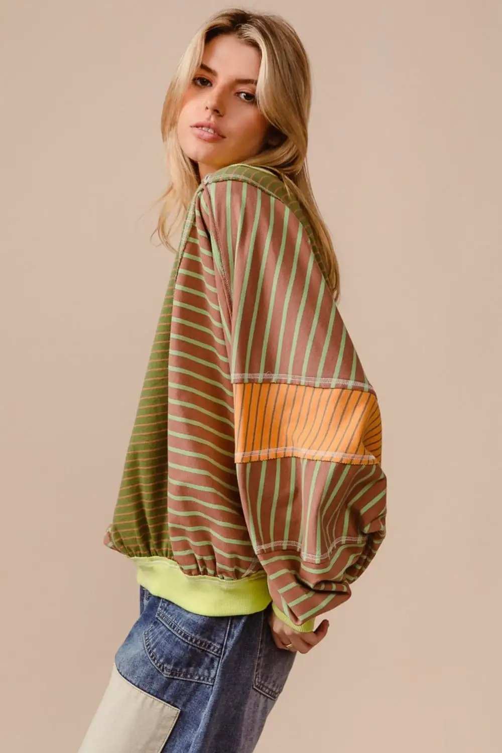 BiBi Color Block Striped Round Neck Sweatshirt - Trendsi - Flyclothing LLC