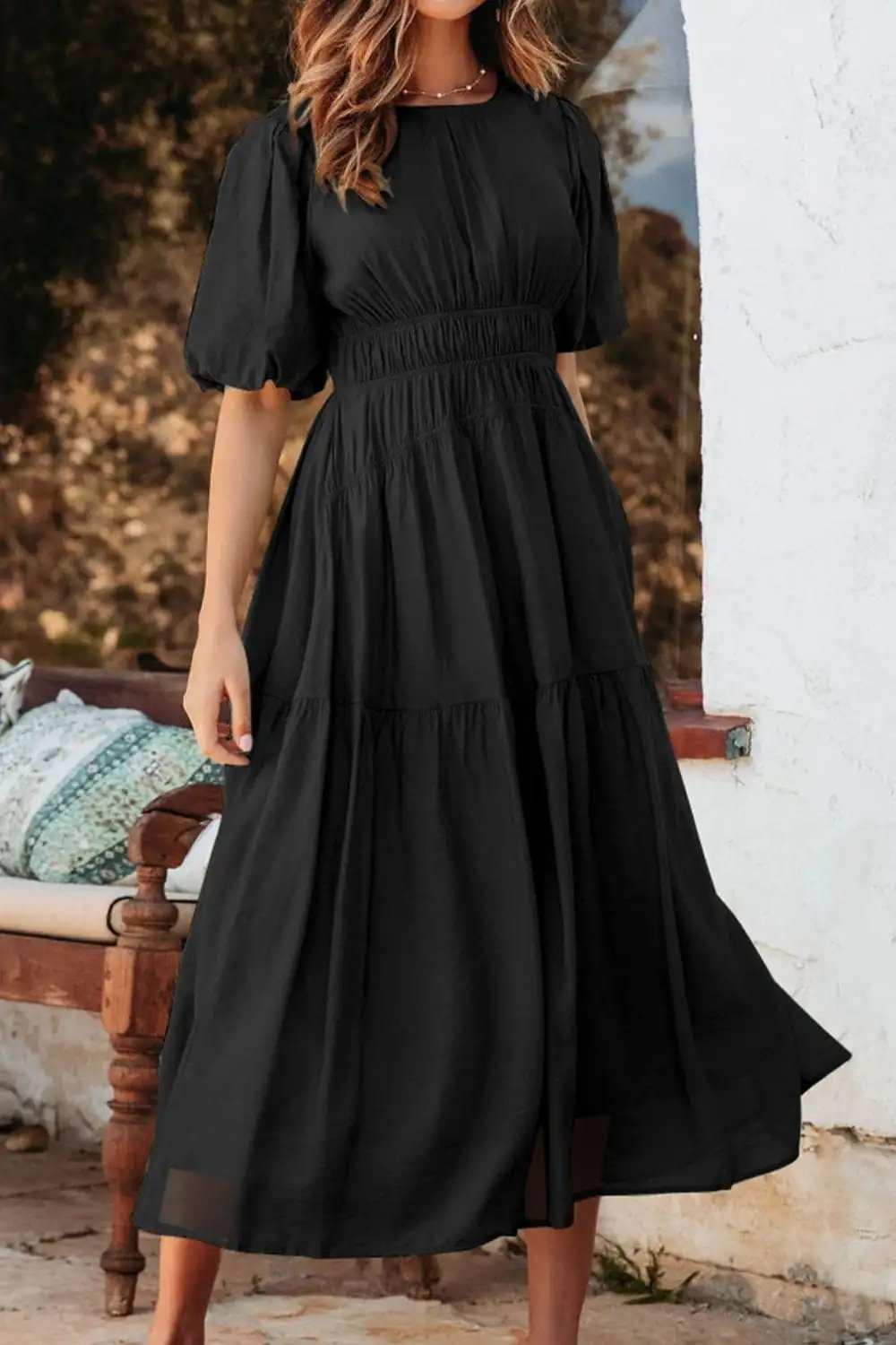 Puff Sleeve Pleated High Waist Flowy Midi Dress - Trendsi - Flyclothing LLC