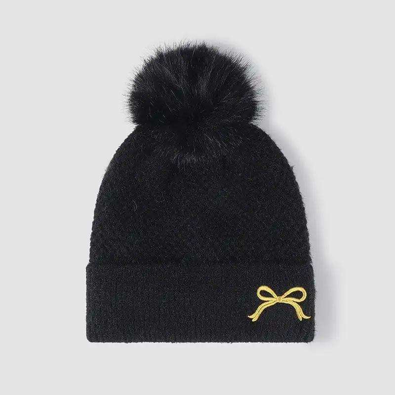Thermal Bow Knit Hat with Pompom - Trendsi - Flyclothing LLC