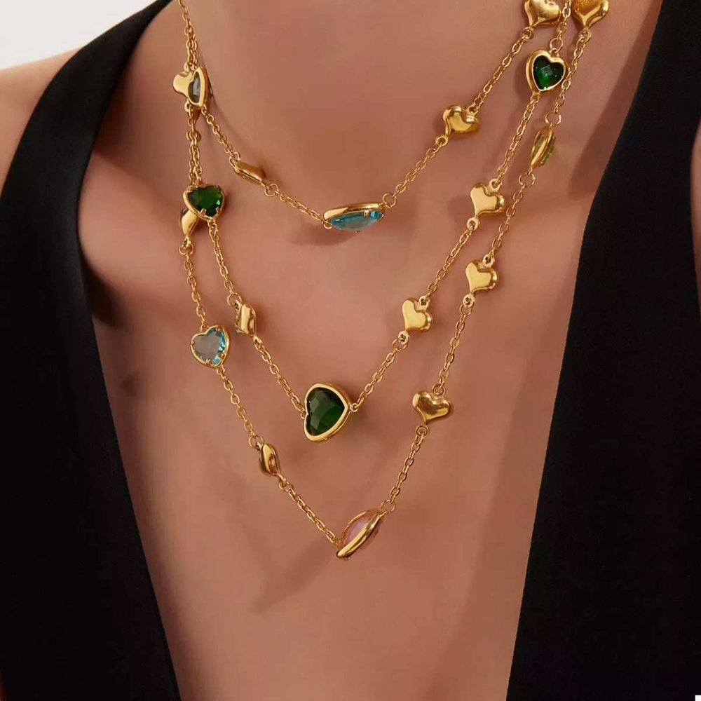 18K Gold-Plated Heart Necklace with Glass Stone - Trendsi - Flyclothing LLC