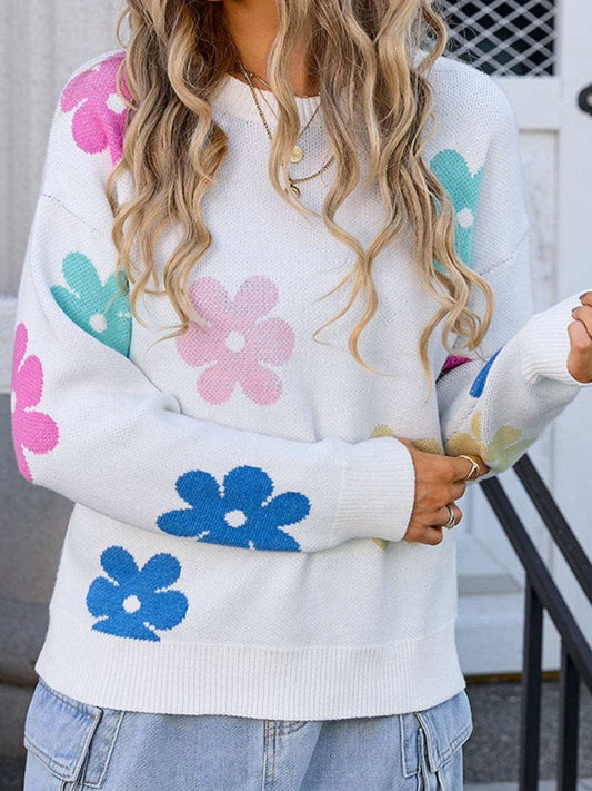 Flower Round Neck Long Sleeve Sweater - Trendsi - Flyclothing LLC