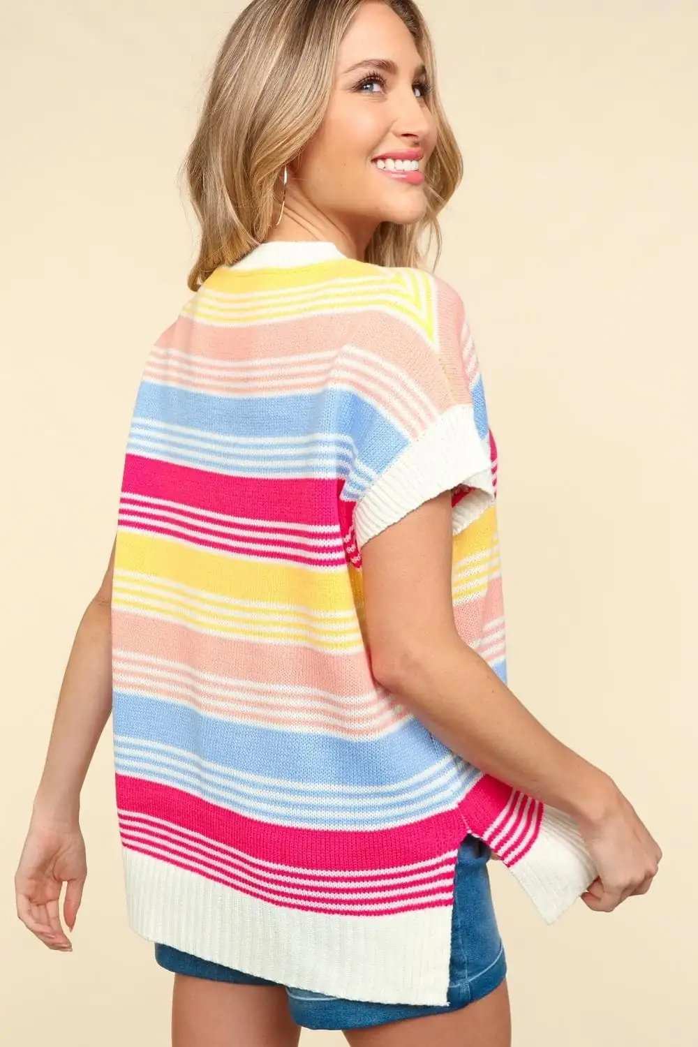 Haptics Striped Side Slit Short Sleeve Knit Top - Trendsi - Flyclothing LLC