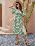 Printed V-Neck Flutter Sleeve Dress - Trendsi - Flyclothing LLC