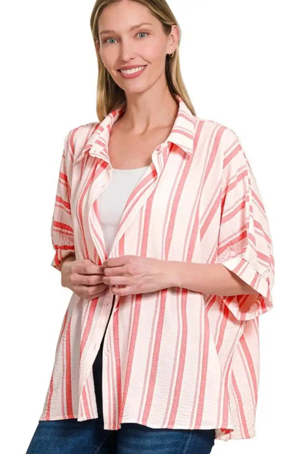 Zenana Woven Yarn-Dye Stripe Oversized Button Down Shirt - Trendsi - Flyclothing LLC