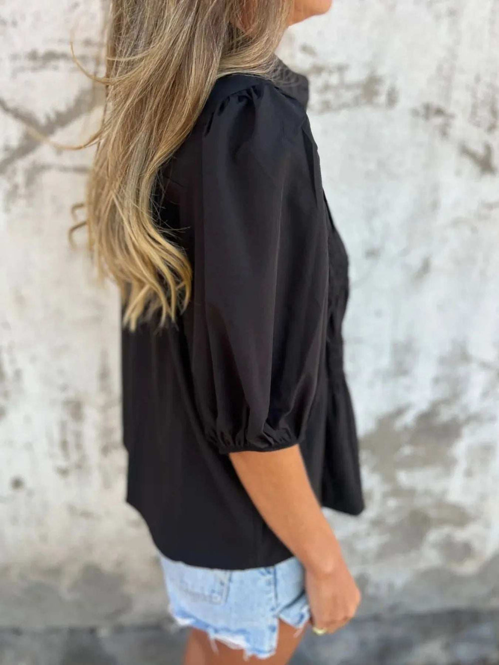 Full Size Smocked Puff Sleeve Blouse Plus Size - Trendsi - Flyclothing LLC