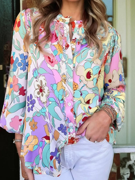 Floral Print Patchwork Frilly Neckline Long Sleeve Shirt - Trendsi - Flyclothing LLC