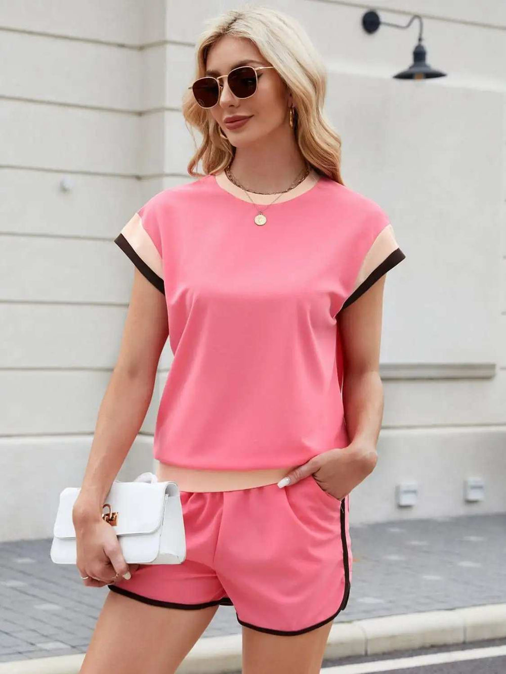 Contrast Round Neck Top and Shorts Set - Trendsi - Flyclothing LLC