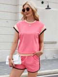 Contrast Round Neck Top and Shorts Set - Trendsi - Flyclothing LLC