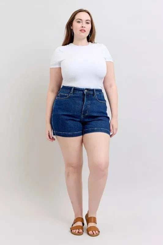 Judy Blue Full Size High Waist Tummy Control Denim Shorts Plus Size - Trendsi - Flyclothing LLC