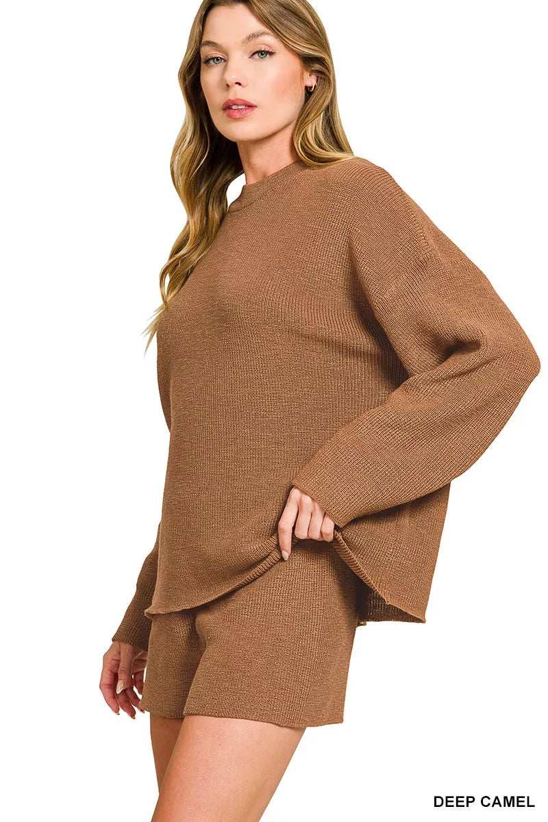 Zenana Round Neck Knit Top and Shorts Sweater Set - Trendsi - Flyclothing LLC