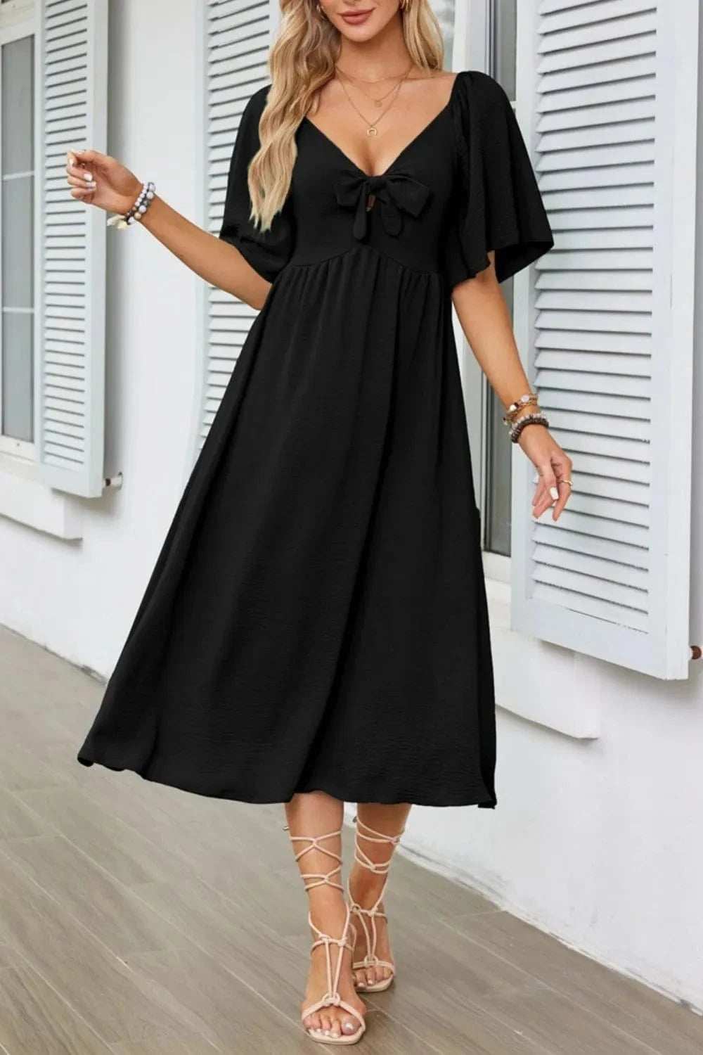 Smocked Tie Front Flutter Sleeve Midi Dress - Trendsi - Flyclothing LLC