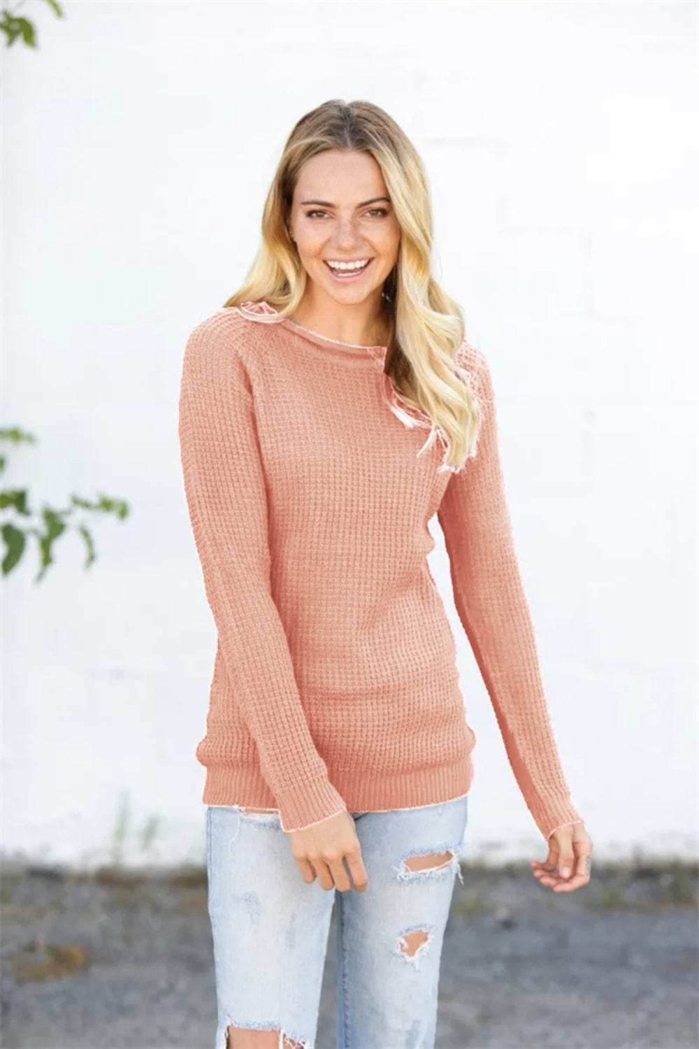 Round Neck Raglan Sleeve Sweater - Trendsi - Flyclothing LLC